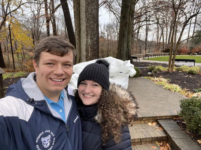 Aly Mullen and Jimmy Link at the lion shrine at Penn State Abington
